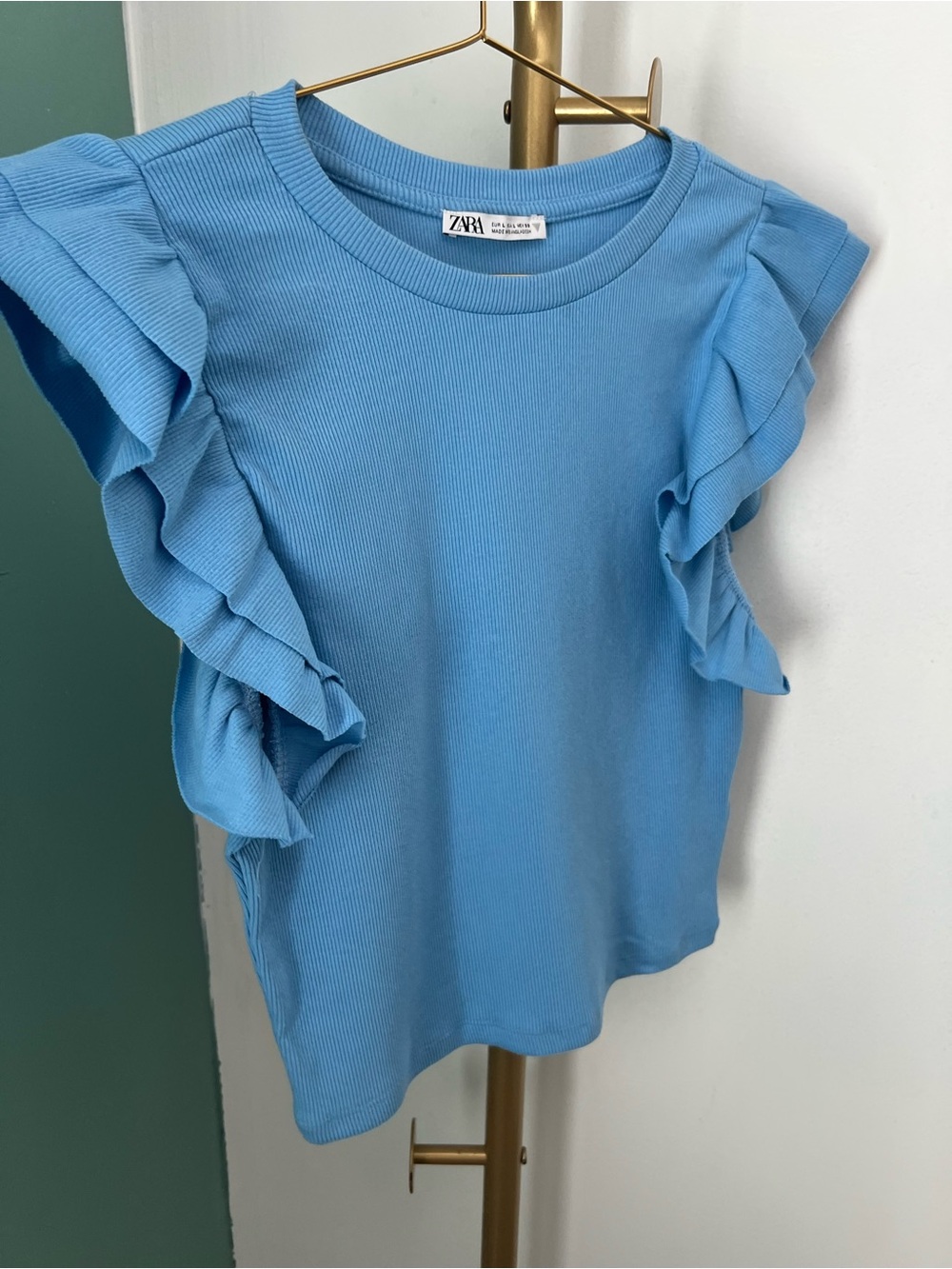 ZARA Ribbed Ruffle Sleeve Top Size L - Picture 2 of 6